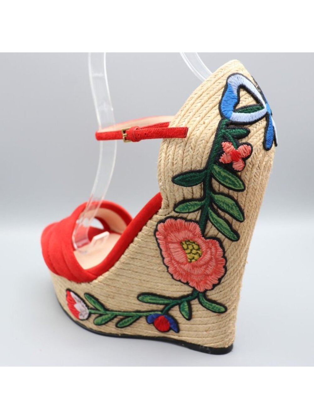 Gucci Ophelia Hibiscus Red Suede Floral Crewel Wedge Platform Espadrille 38 Box - Picture 4 of 16